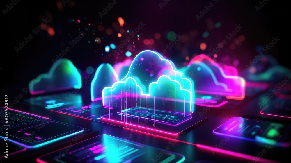 cloud data center concept, laptop with cloud in neon color , storage technology , Generative AI