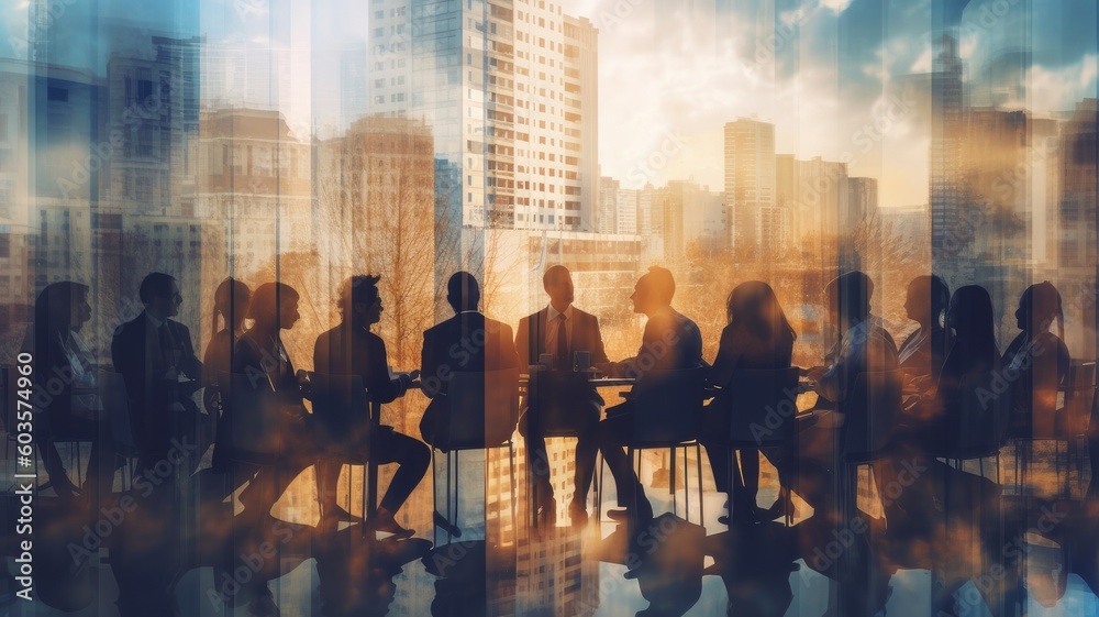 Double exposure image of many business people and modern smart city , Generative AI Double exposure image of many business people and modern smart city , Generative AI