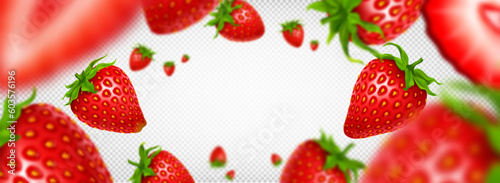 3d isolated realistic strawberry fruit slice frame on transparent background. Half cut red flying berry summer graphic design. Falling sliced summer natural product group border decoration with blur