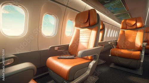 Empty passenger airplane seats in the cabin. Generative AI