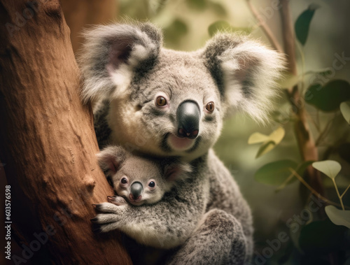 A mother koala with her baby in the forest © Tatiana