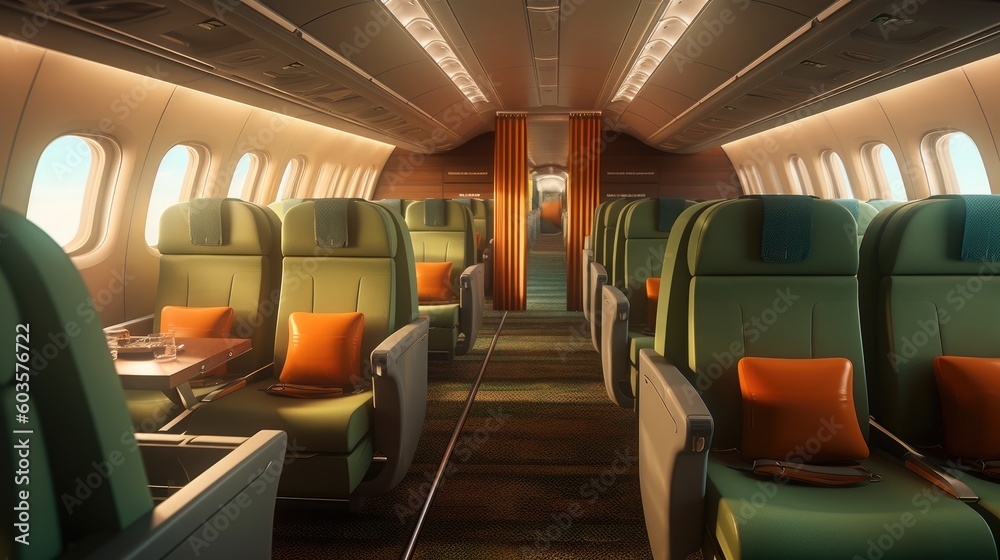 Empty passenger airplane seats in the cabin. Generative AI Empty passenger airplane seats in the cabin. Generative AI