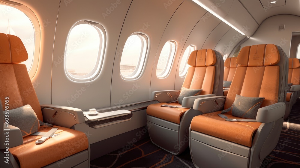 Empty passenger airplane seats in the cabin. Generative AI