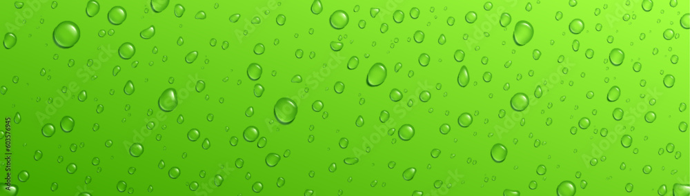 Green background fresh rain water drop vector texture. Cold droplet on summer fruit juice or soda for refreshing. Mojito cocktail abstract surface condensation pattern. Shower macro illustration