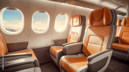 Empty passenger airplane seats in the cabin. Generative AI © piai
