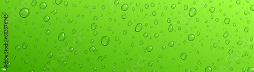 Green background fresh rain water drop vector texture. Cold droplet on summer fruit juice or soda for refreshing. Mojito cocktail abstract surface condensation pattern. Shower macro illustration