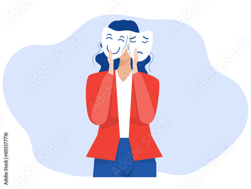 Businesswoman holding masks different masks happy and sad imposter syndrome; Bipolar disorder; fake faces and emotions. psychology; false behavior or deceiver.vector illustrator
