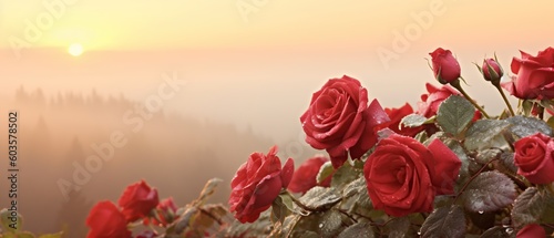 Fototapeta Naklejka Na Ścianę i Meble -  Beautiful red and white roses in the background of the morning sun. Nature background.
Created with generative AI technology.