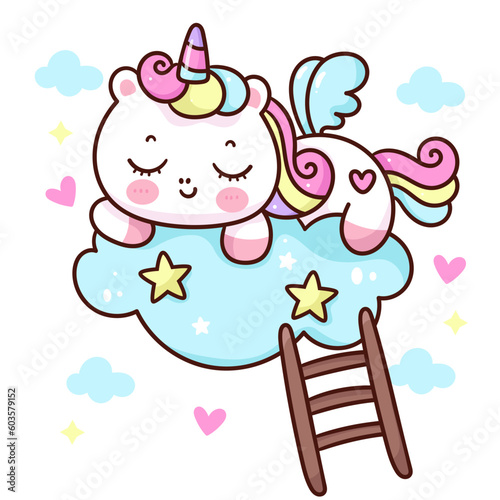 Cute unicorn pegasus sleep on cloud