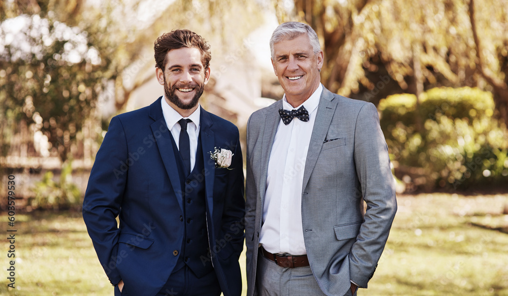 Groom, wedding and portrait of a man and dad outdoor with a smile and happiness in nature. Happy men together in a garden for a formal event or celebration with elegant clothes, suit and family Groom, wedding and portrait of a man and dad outdoor with a smile and happiness in nature. Happy men together in a garden for a formal event or celebration with elegant clothes, suit and family