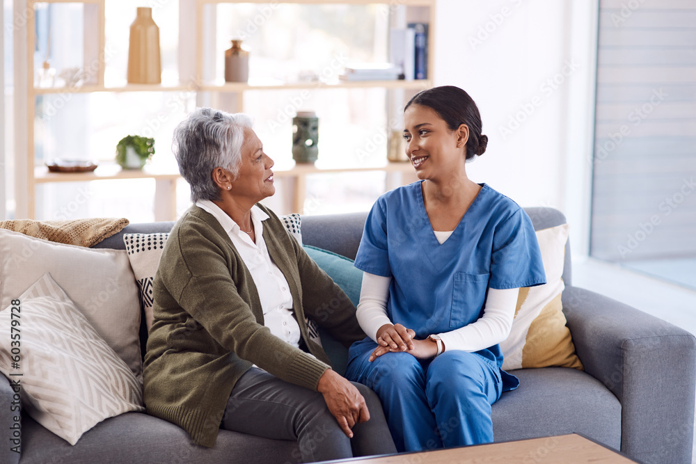 Healthcare, retirement and a nurse talking to an old woman on a sofa in the living room of a nursing home. Medical, trust and care with a female medicine professional chatting to a senior resident - obrazy, fototapety, plakaty 