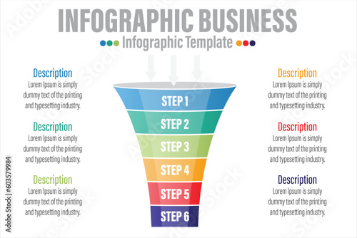 Infographic funnel block chart concept for slide presentation with six 6 Steps, six 6 option, Six 6 point list and funnels shape pyramid cone direction