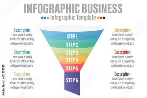 Infographic funnel block chart concept for slide presentation with six 6 Steps, six 6 option, Six 6 point list and funnels shape pyramid cone direction © InfoSoul