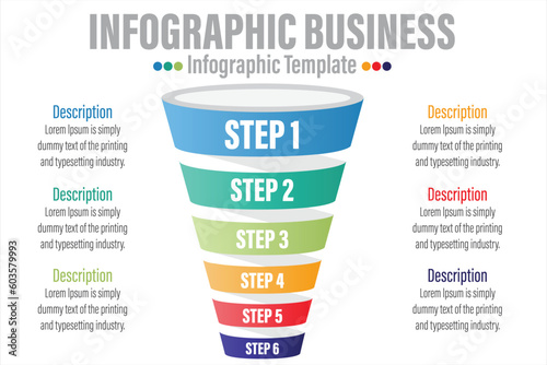 Infographic funnel block chart concept for slide presentation with six 6 Steps, six 6 option, Six 6 point list and funnels shape pyramid cone direction