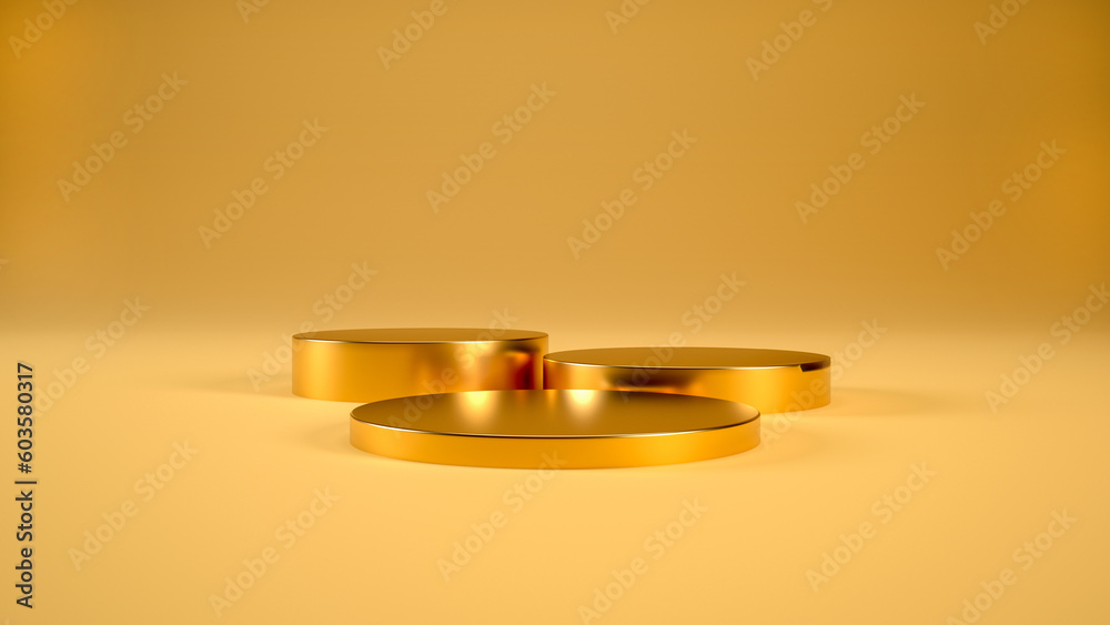 Gold podium or pedestal on golden background for product display. 3D rendering.