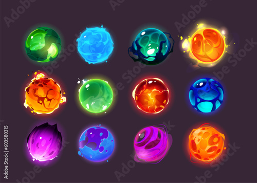 Cartoon set of colorful alien planets isolated on black background. Vector illustration of green, blue, orange, purple space globes with hot magma, cold ice, toxic gas texture. Game ui design elements