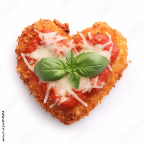 Chicken Parmesan in the shape of a heart isolated on a white background, AI Generative