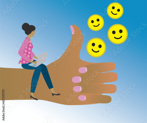 Work happiness and appreciation, or job satisfaction, passion or enjoyment working, employee wellbeing concept, happy businesswoman working with computer on thumbs up. Vector illustration.