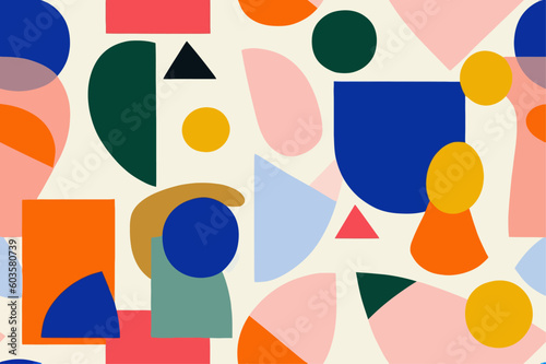 Fun colorful geometric collage with various shapes seamless pattern, 90s style abstract children wallpaper
