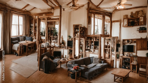 a cozy living room with wooden beams, a gray couch, a coffee table, a bookshelf full of books, and a plant