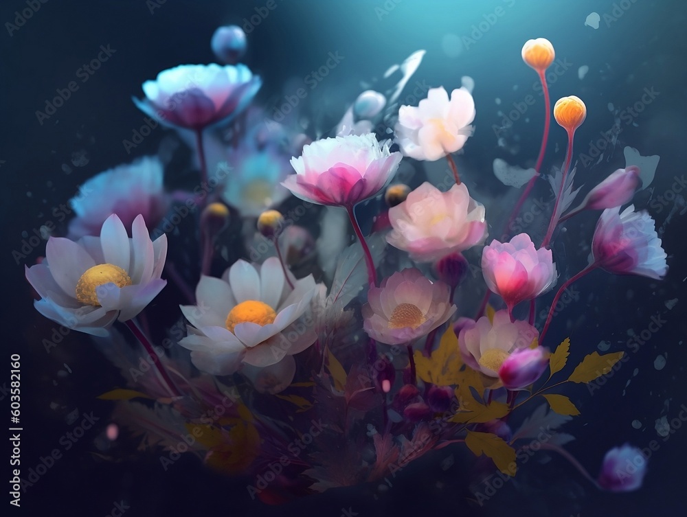 Bouquet of beautiful gloving wild flowers on the teal background created with Generative AI technology Bouquet of beautiful gloving wild flowers on the teal background created with Generative AI technology