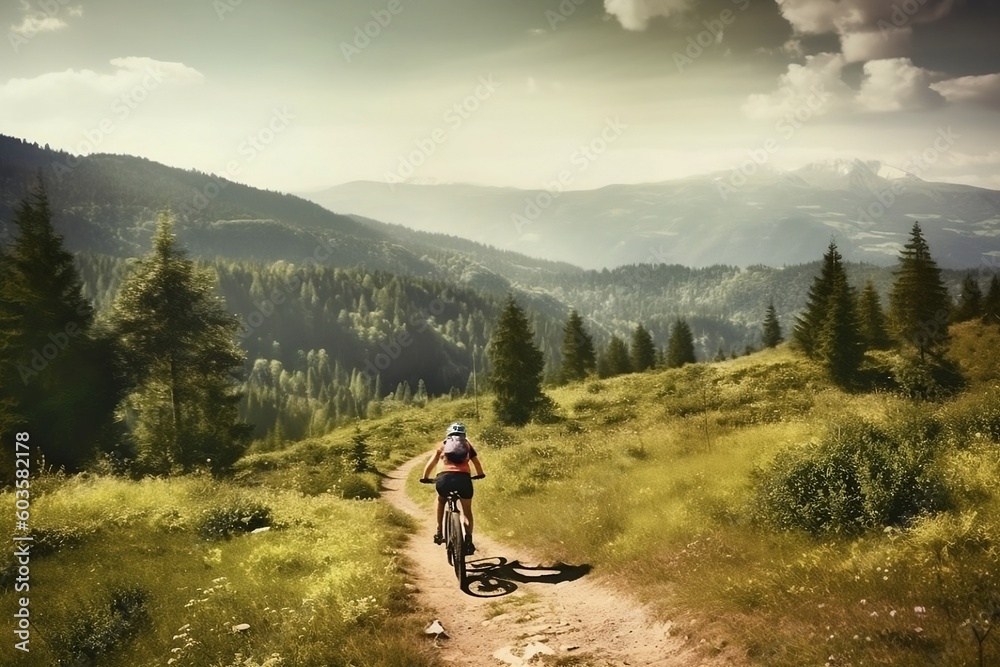 Mountain biking woman riding bike in summer mountains landscape created with Generative AI technology