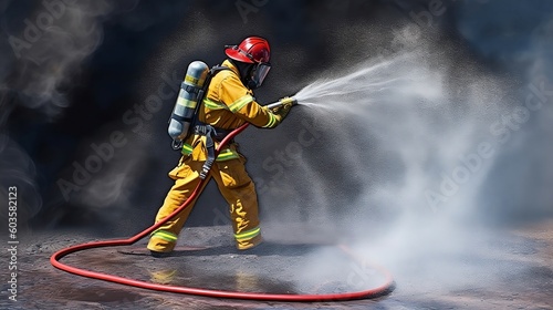 Side view of fireman with fire hose fighting fire wearing fire protective suite for safety on the black background created with Generative AI technology