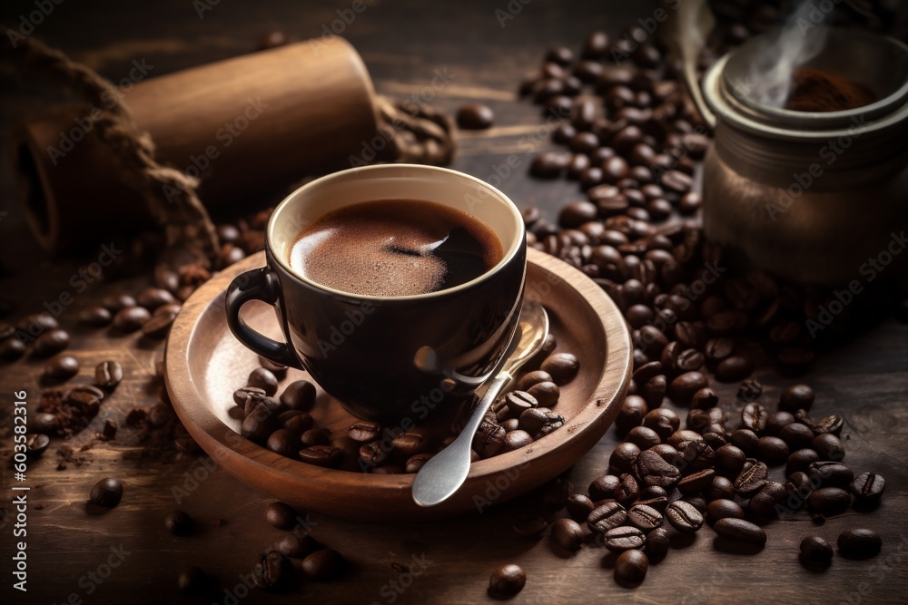 breakfast cup bean morning mug brown aroma drink espresso cafe. Generative AI. breakfast cup bean morning mug brown aroma drink espresso cafe. Generative AI.