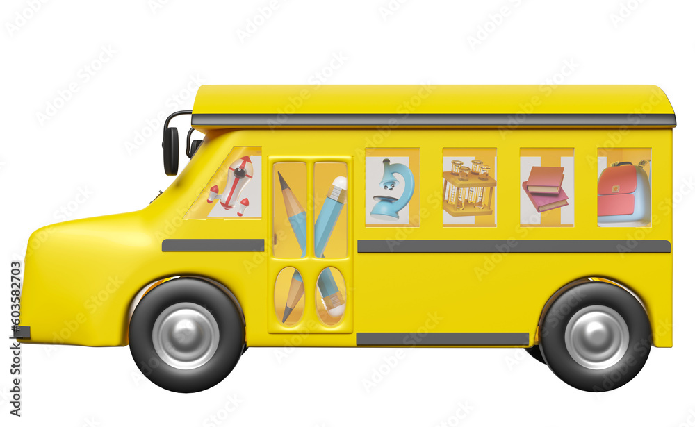 vehicle for transport students isolated. 3d yellow school bus cartoon sign icon, accessories with microscope, book, bag, pencil, school supplies, back to school 3d render