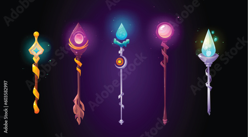 Set of magic power staffs isolated on background. Vector cartoon illustration of wooden and iron wand sticks decorated with gemstones, silver and gold, neon fortunetelling crystals. Game assets