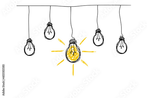 Idea concept with light bulbs. Hand drawn sketch vector illustration.