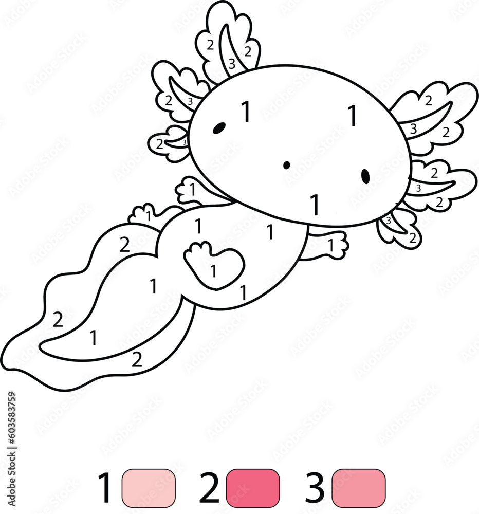 Axolot Color By Number Coloring Pages Stock Vector | Adobe Stock