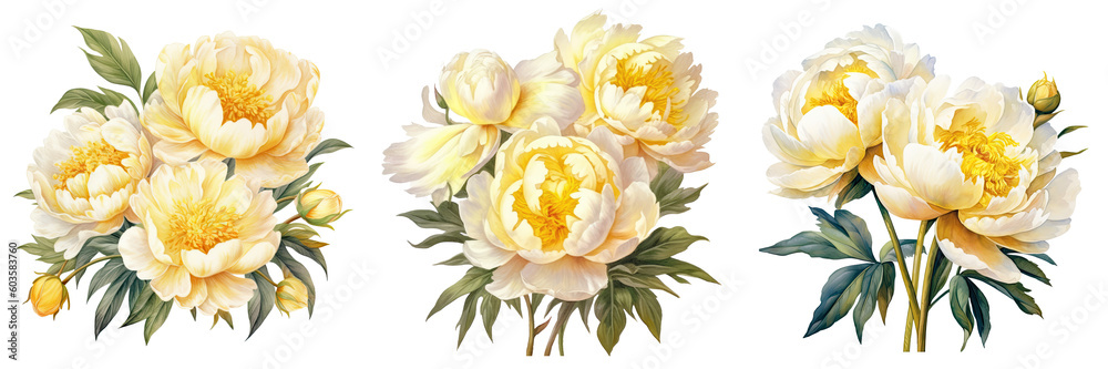 Watercolor White and yellow peonies white Background ,transparent