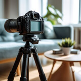 dslr camera on tripod and taking photographs. Interior design photography gear. 3d render, generative ai