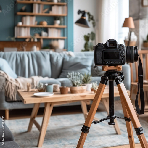 dslr camera on tripod and taking photographs. Interior design photography gear. 3d render, generative ai