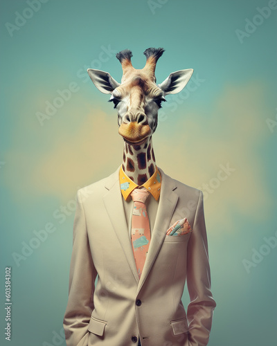 Giraffe animal as a groom in costume, Generative AI