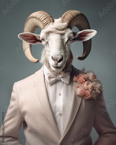 Ram animal as a groom in costume, Generative AI