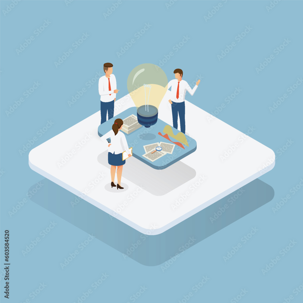 People work in a team. Development of business project from idea to goal. Startup concept. Isometric vector. People work in a team. Development of business project from idea to goal. Startup concept. Isometric vector.