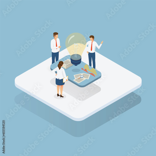 People work in a team. Development of business project from idea to goal. Startup concept. Isometric vector.