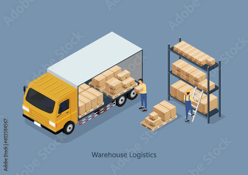 Work in warehouse scene with employees Shelves with packages Goods delivered by truck. Isometric vector illustration