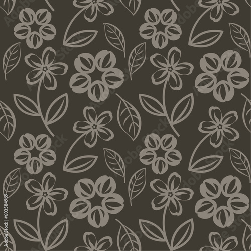 Floral seamless vector pattern, simple flower shapes on dark background, textile print, wallpaper.