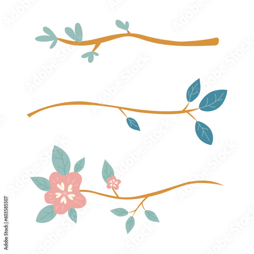Set of tree branch with green leaves and flowers