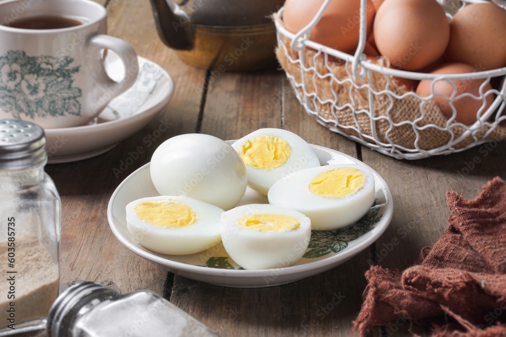 Slice boiled eggs on the table Slice boiled eggs on the table