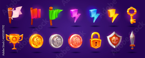 UI game icons of coins, key, trophy, gold cup, shield and sword. Money icons, lightning signs, flags and padlock isolated on background, vector cartoon set