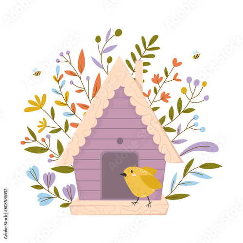 Wooden colorful birdhouse with small birds. House for feathered animals. Spring time for nesting. Ornamental leaves and flowers on an isolated white background. Stock vector illustration.
