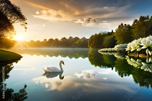 The lake and green grass around it is beautiful with swans swimming. Generative AI