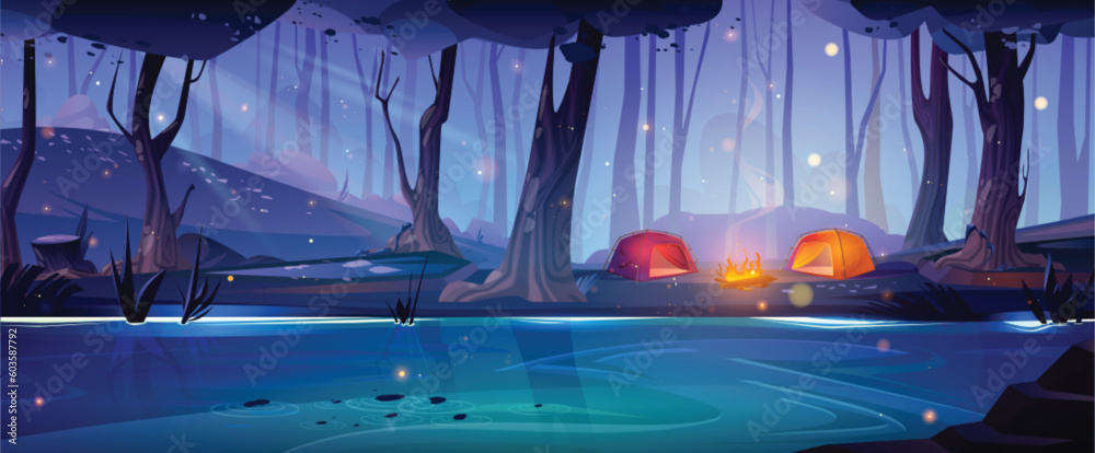 Night forest lake with campsite on bank. Vector cartoon illustration of two tents near campfire burning on glade in mysterious woods lit by moonlight, fireflies flying over water. Beautiful nature - obrazy, fototapety, plakaty 