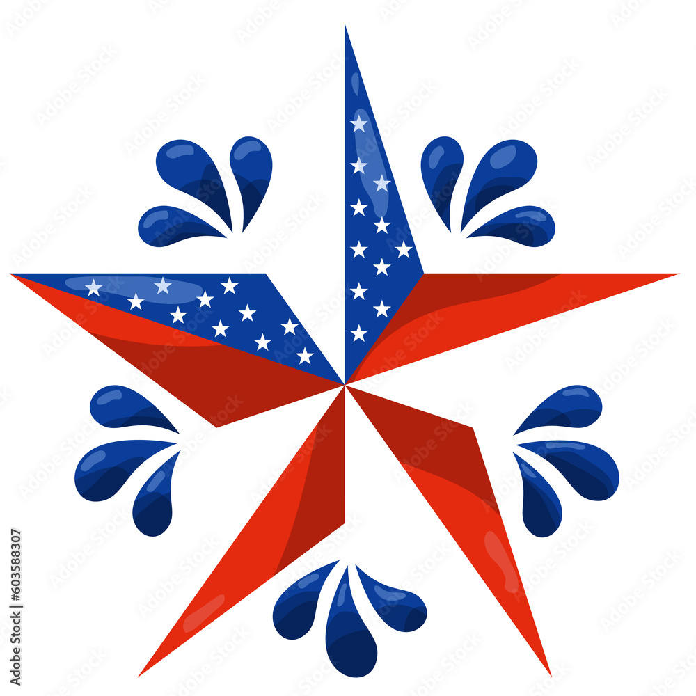 4th of July, USA Independence Day. Star in USA flag colors.  Material design for greeting card, flyer, banner, poster.