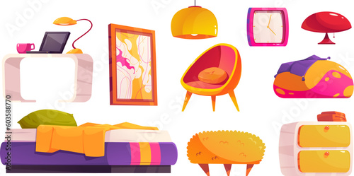 Cartoon set of groovy bedroom furniture set isolated on white background. Vector illustration of bed, armchair, desk with lamp and laptop, wall clock, abstract picture. Interior design elements