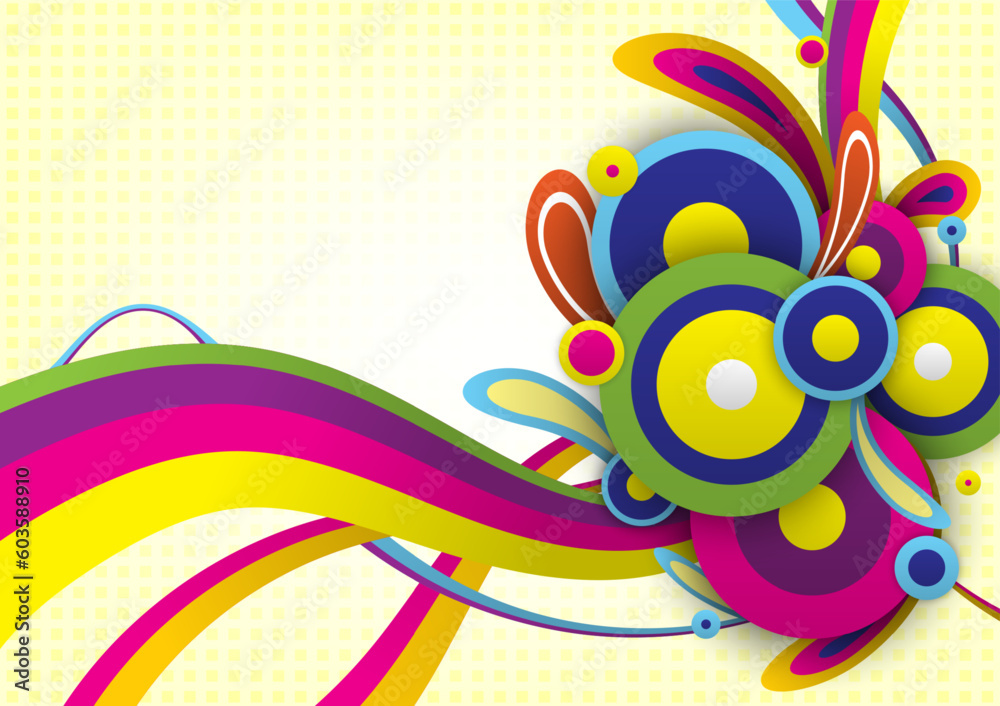 Fototapeta premium Abstract artistic colorful circles and wave vector illustration on yellow background